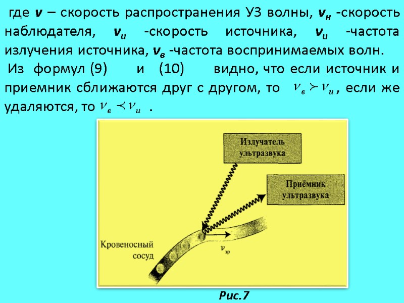 где v – скорость распространения УЗ волны, vн -скорость наблюдателя, vи -скорость источника, νи